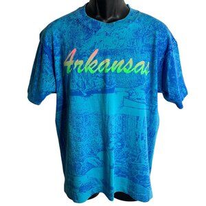 Vintage 90s All Over Print Arkansas T Shirt L Blue Crewneck Single Stitch River